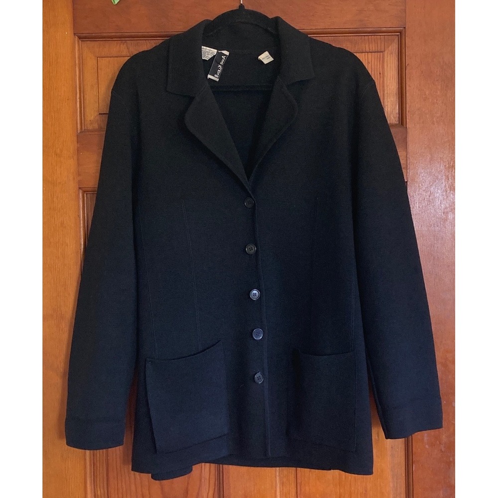 Anne Klein II Womens M Black 100% Wool Button Front Knit Cardigan Blazer Classic